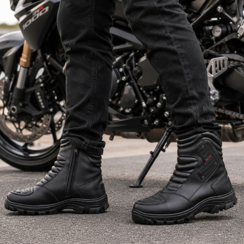 Bota Coturno Motoqueiro Masculina Motociclista de Couro Macio Leve Confortável Resistente Com Zíper Lateral e Refletor