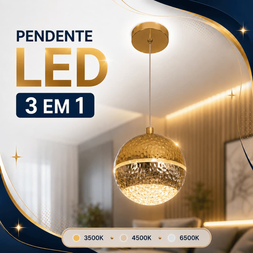 Pendente LED Dourado Cristal Acrílico Luminária Lustre 3 Em 1 3500K 4500K 6500K Bivolt Para Lavabo Quarto Bancada