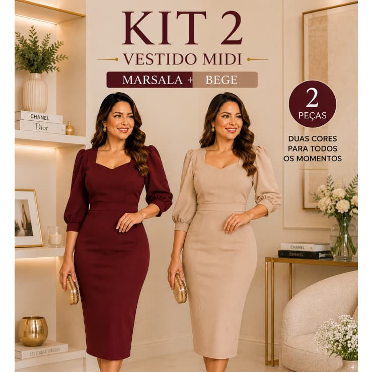 2VESTIDO MIDI DECOTE CORAÇAO MANGA BUFANTE 3/4 CREPE MALHA MODA EVANGELICA ELEGANTE SOCIAL LUXO PLUS