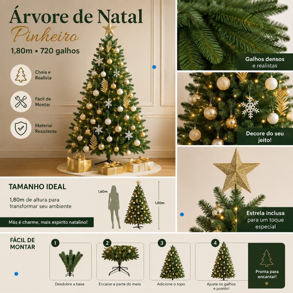 Pinheiro Natalino Artificial 180cm 720 Galhos Verdes