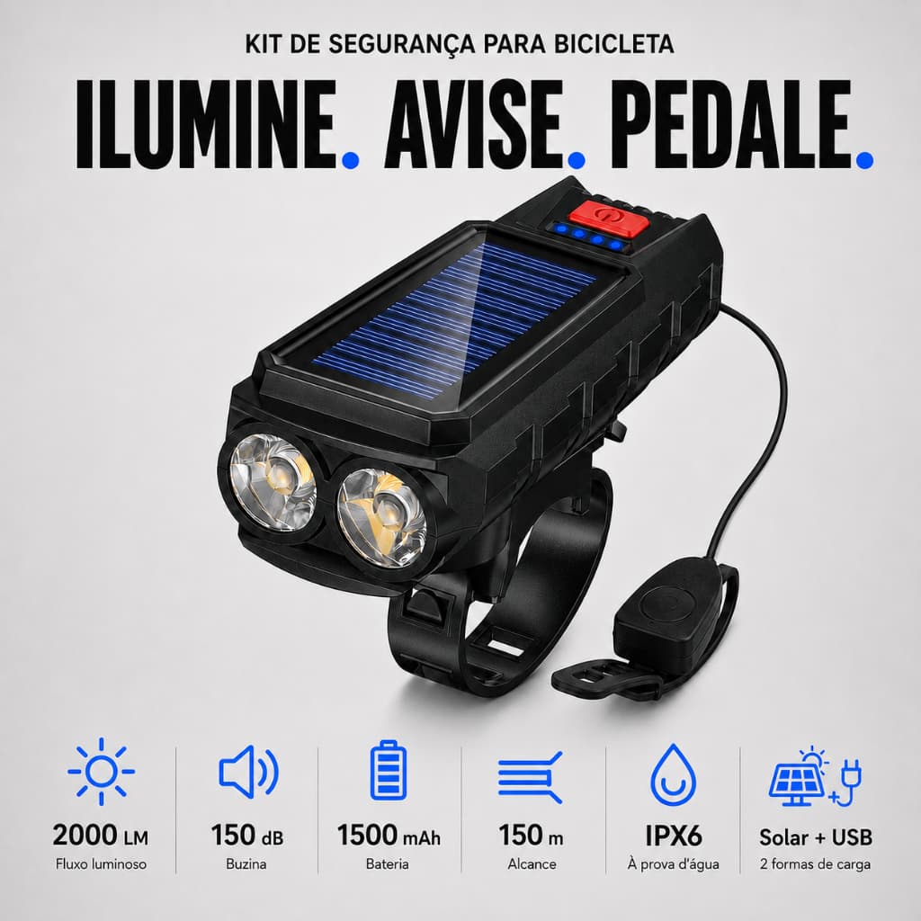 Farol de Bicicleta Solar com Buzina 150dB 2000LM Recarregável USB IPX6 1500mAh Alcance 150m