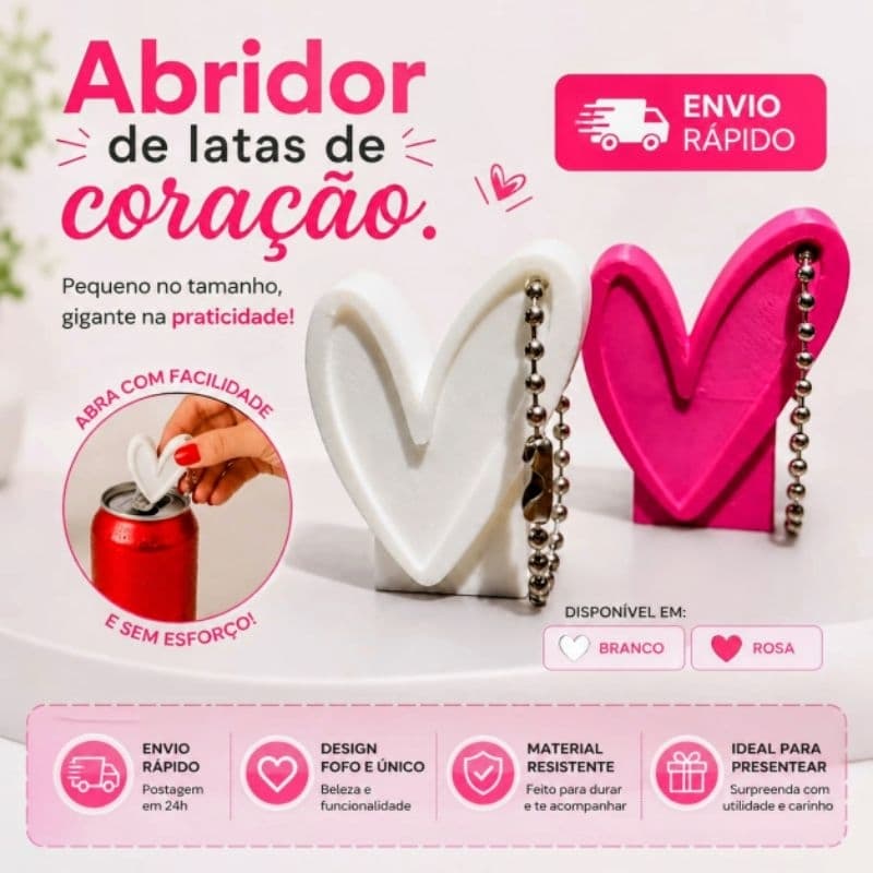 Kit 5 Abridor de Latas Coração  | chaveiro | abridor de latas | chega de quebrar a unha | portátil e prático