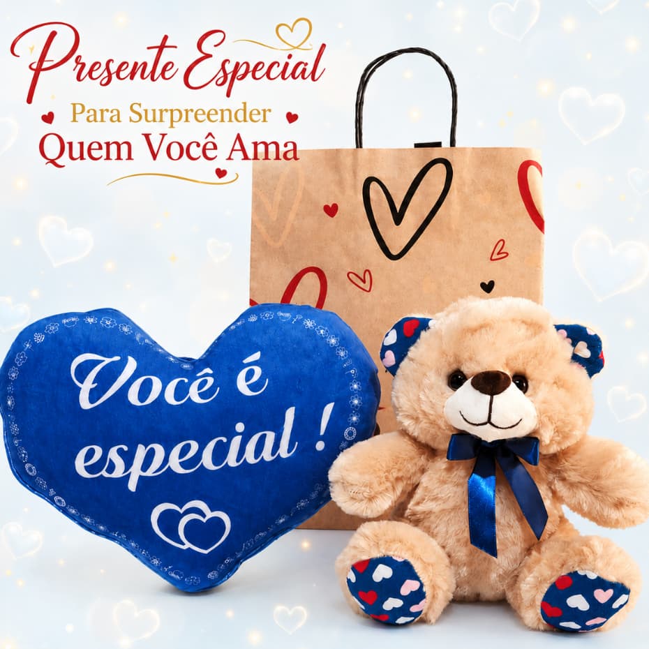 Kit Presente Urso Pelúcia Coração Romântico Especial - Namorada/Aniversário/Mãe/Pai/Amiga - Cesta