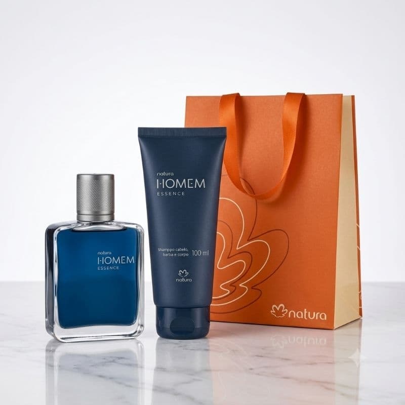 Kit Presente Natura Homem Essence: Perfume Miniatura 25ml + Shampoo 100ml + Sacola