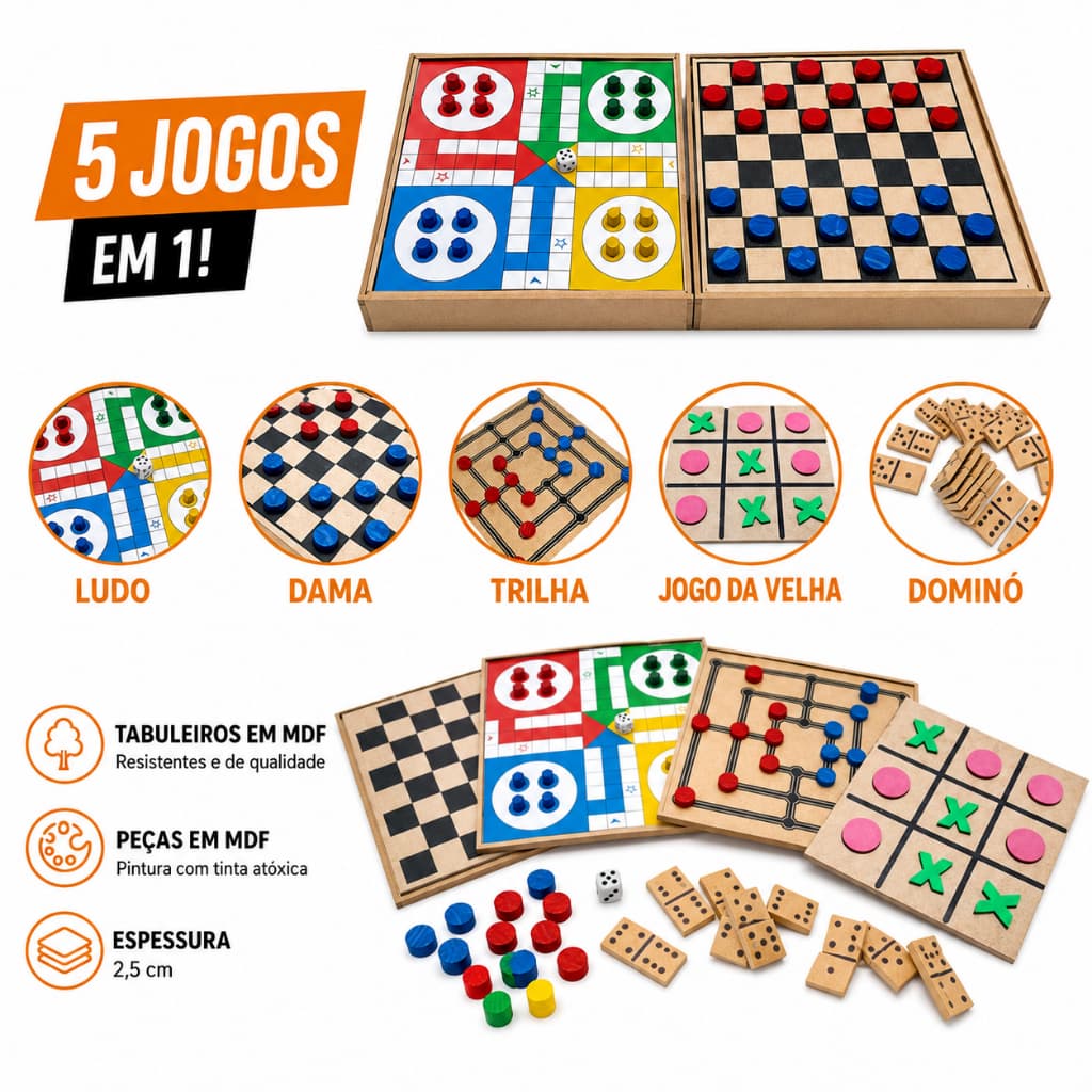 Jogos de Tabuleiros 5 em 1 Dama Dominó Ludo Jogo Da Velha Trilha Dama
