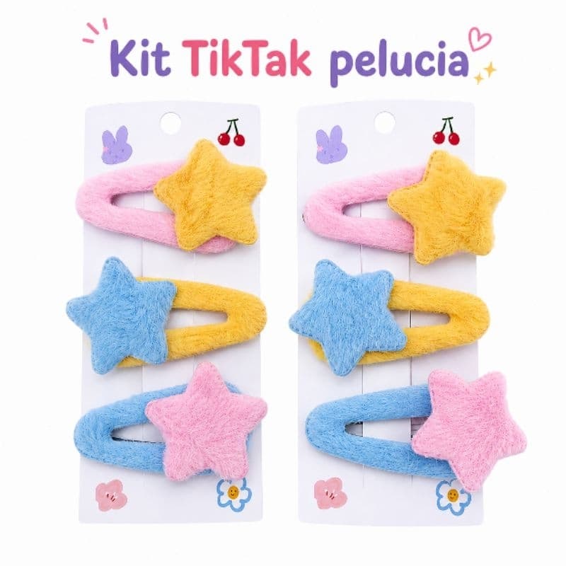 Kit 3 Pares Presilha de Cabelo Infantil Pelúcia Estrela Tic Tac Fofa Colorida 5cm