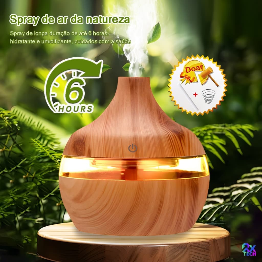 Umidificador De Ar E Madeira Aromatizador Difusor Elétrico Ambiente 8H LED De 7 Cores Ultrassonico Portátil