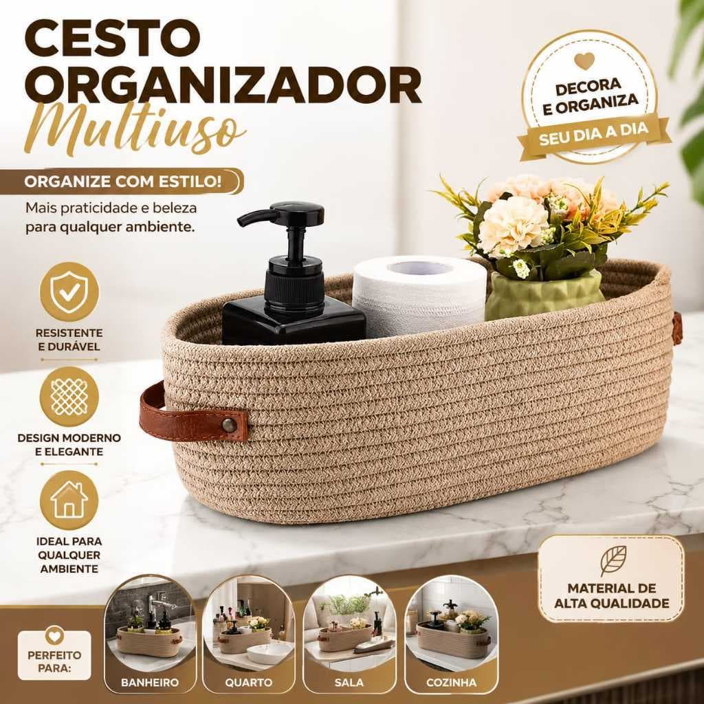 Organizador Ambientes Cesto Organizador  Detalhe Couro Multiuso Com Alças Cesto Organizador Multiuso