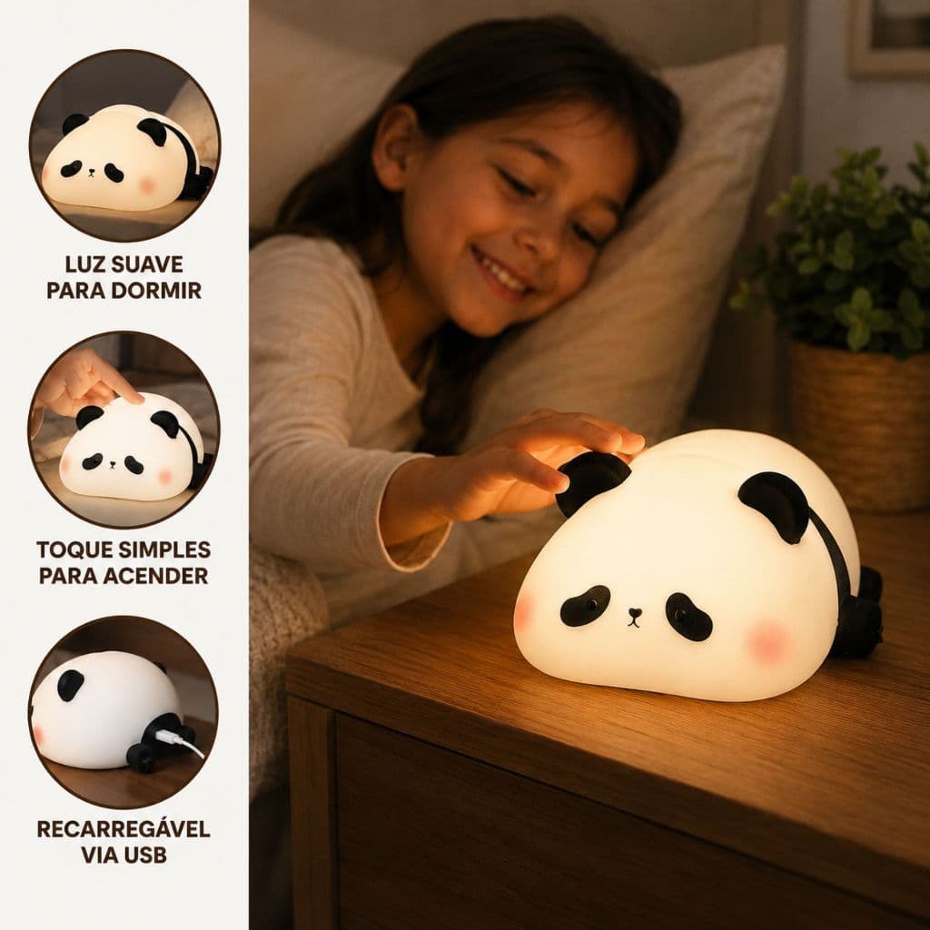 Luminária LED Panda Silicone Abajur Clarear Quarto Criança Dormir Luz Lâmpada Ursinho Preto Branco