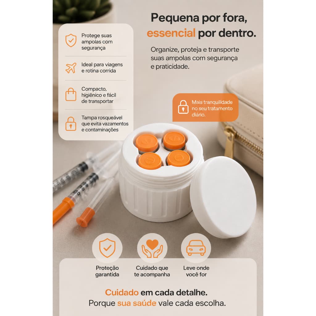 Case Porta Ampola 0,5ml - 4 Unidades, Estojo Organizador Refrigerável, Tampa Rosqueável, Impressão 3D PLA
