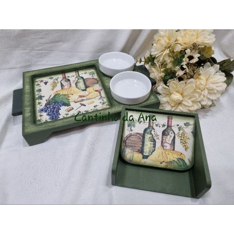 jogo petisqueira e p.guardanapo, kit petisqueira e p.guardanapo,  porta aperitivos, decoupage, artesanato, mdf