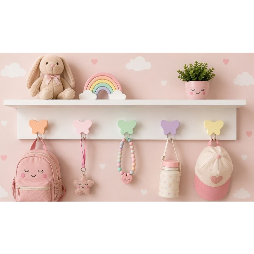 Cabideiro e Pendurador Quarto Infantil com prateleira 5 pinos borboleta coloridas