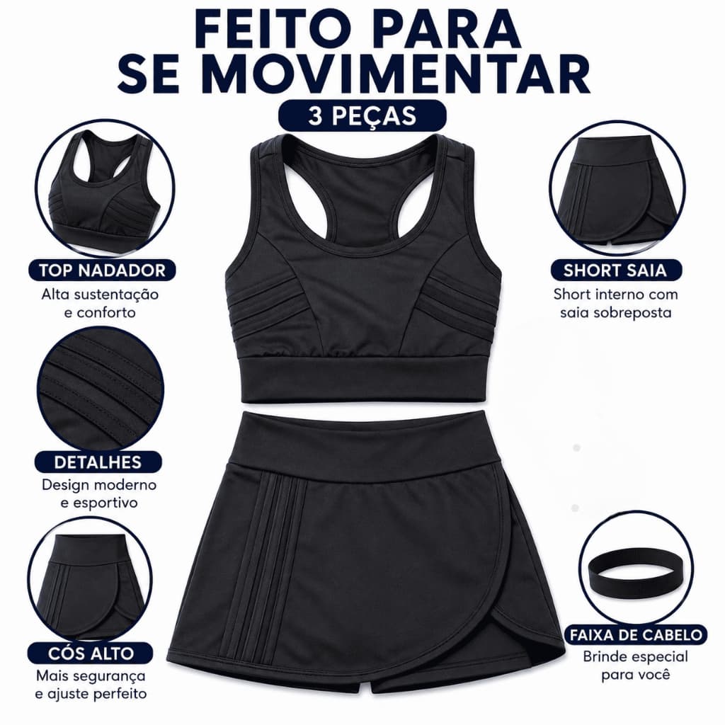 Conjunto Fitness Feminino Preto Treino Corrida Academia  Beach Tennis  Top e Short Saia + Faixa de Cabelo Cintura Alta