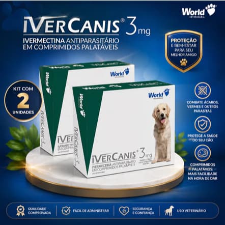 2 IverCanis 3mg Remédio Para Pulgas, Carrapatos e Sarna para Cães de 15Kg - Blíster 4 Comprimidos