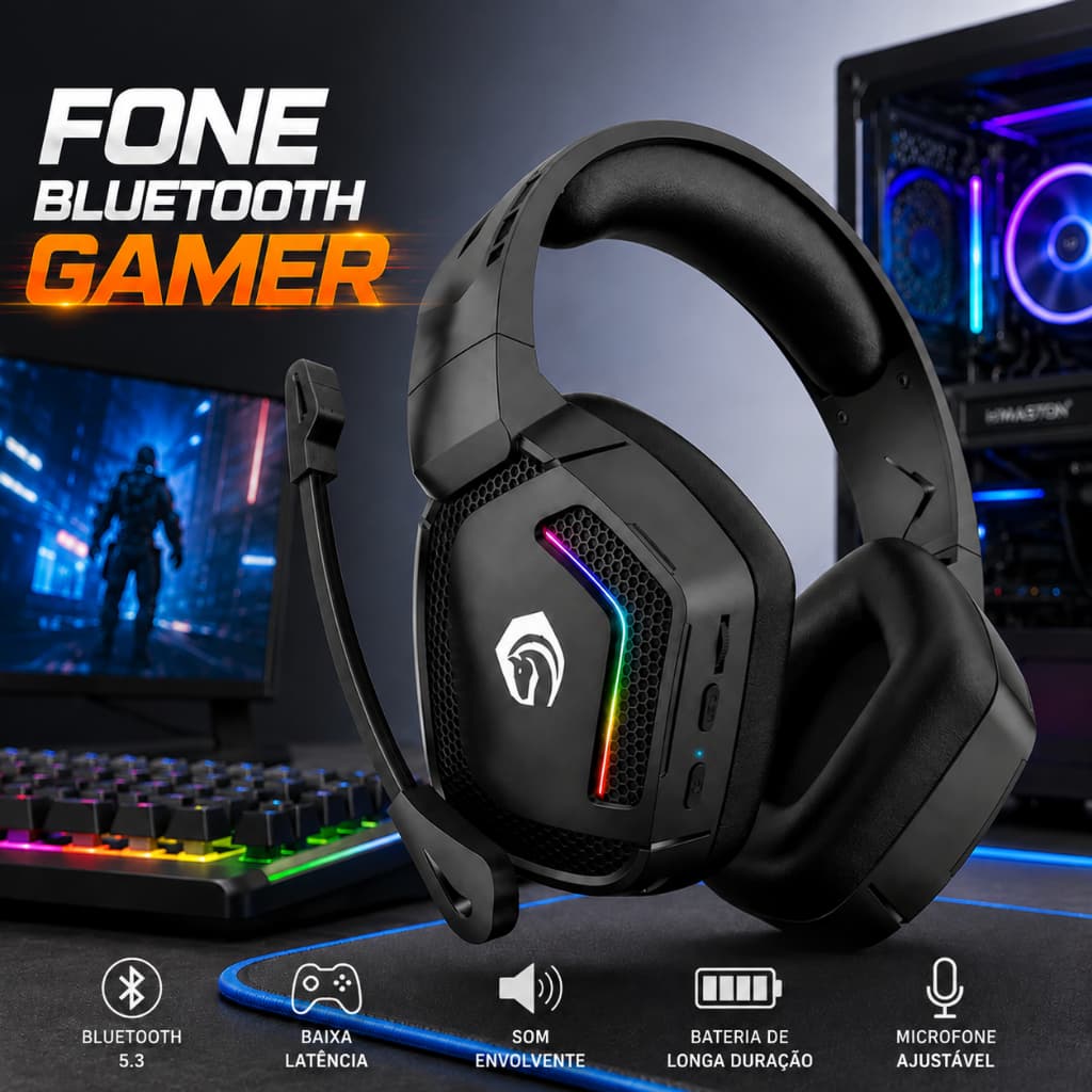 Fone de Ouvido Bluetooth Gamer Headset Gamer Bluetooth RGB com Microfone Sem Fio LED para PC Notebook Celular H'Maston