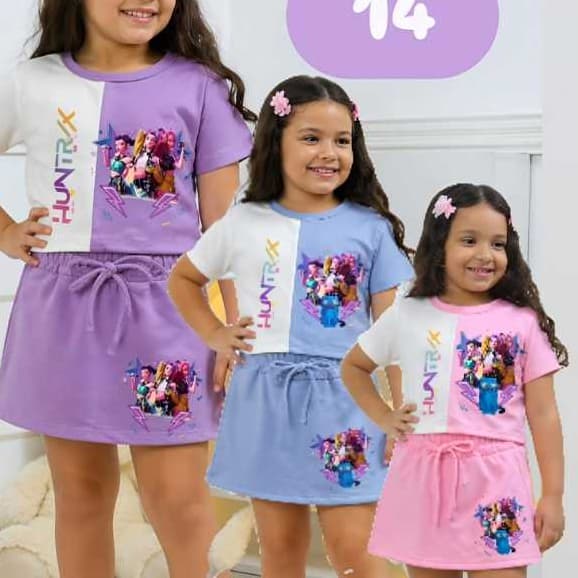 Conjunto Infantil Feminino Guerreiras K-Pop 💖 Blusa Cropped e Short-Saia | Tamanhos 2 ao 14
