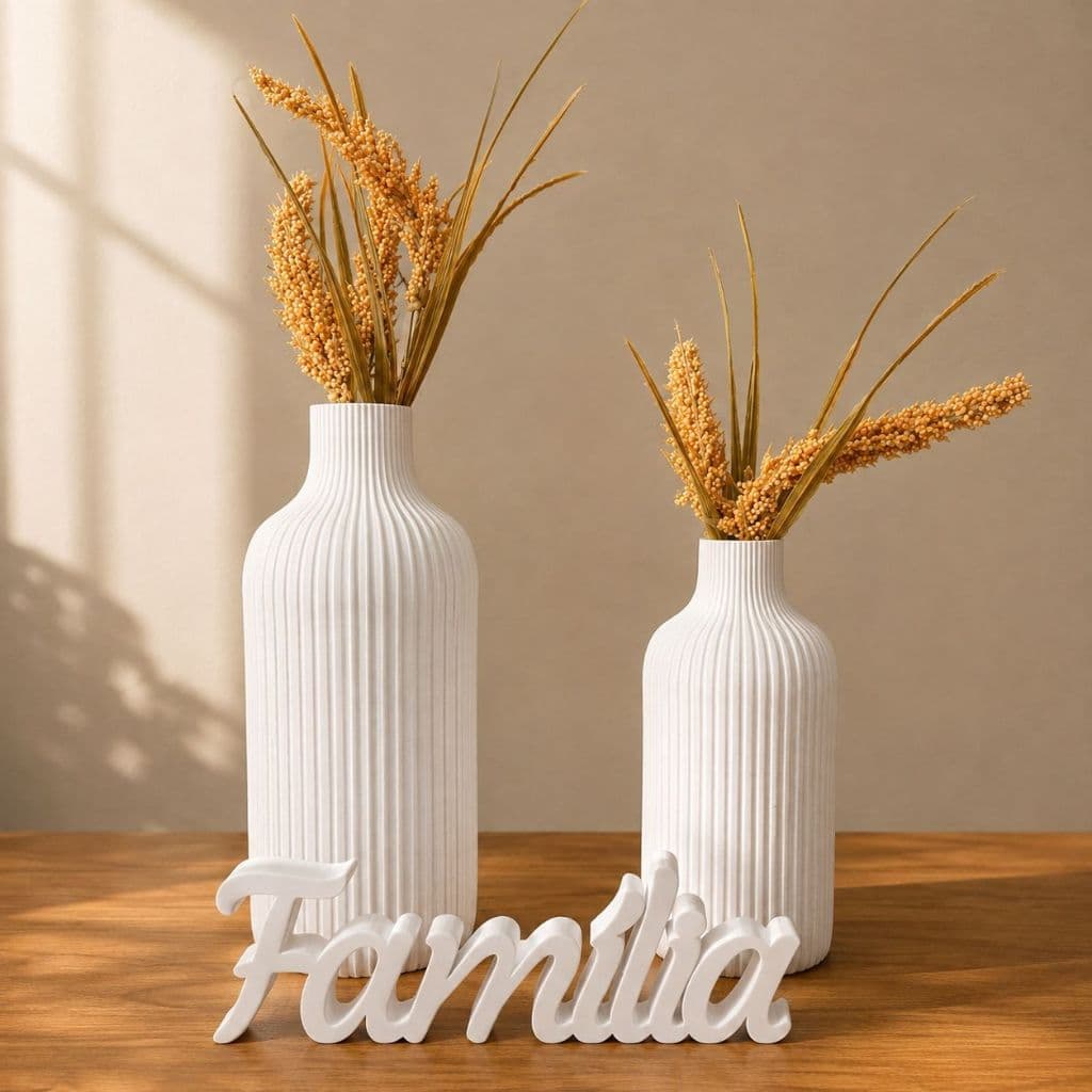 Kit Decoração Sala Vasos Canelados Reto Planta Artificial Letreiro Família Enfeite Rack Aparador Mesa Presente