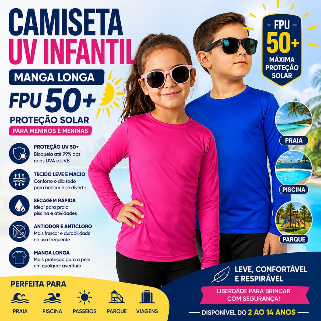Camiseta UV Infantil Manga Longa FPU 50+ Menino Menina Proteção Solar Praia Piscina