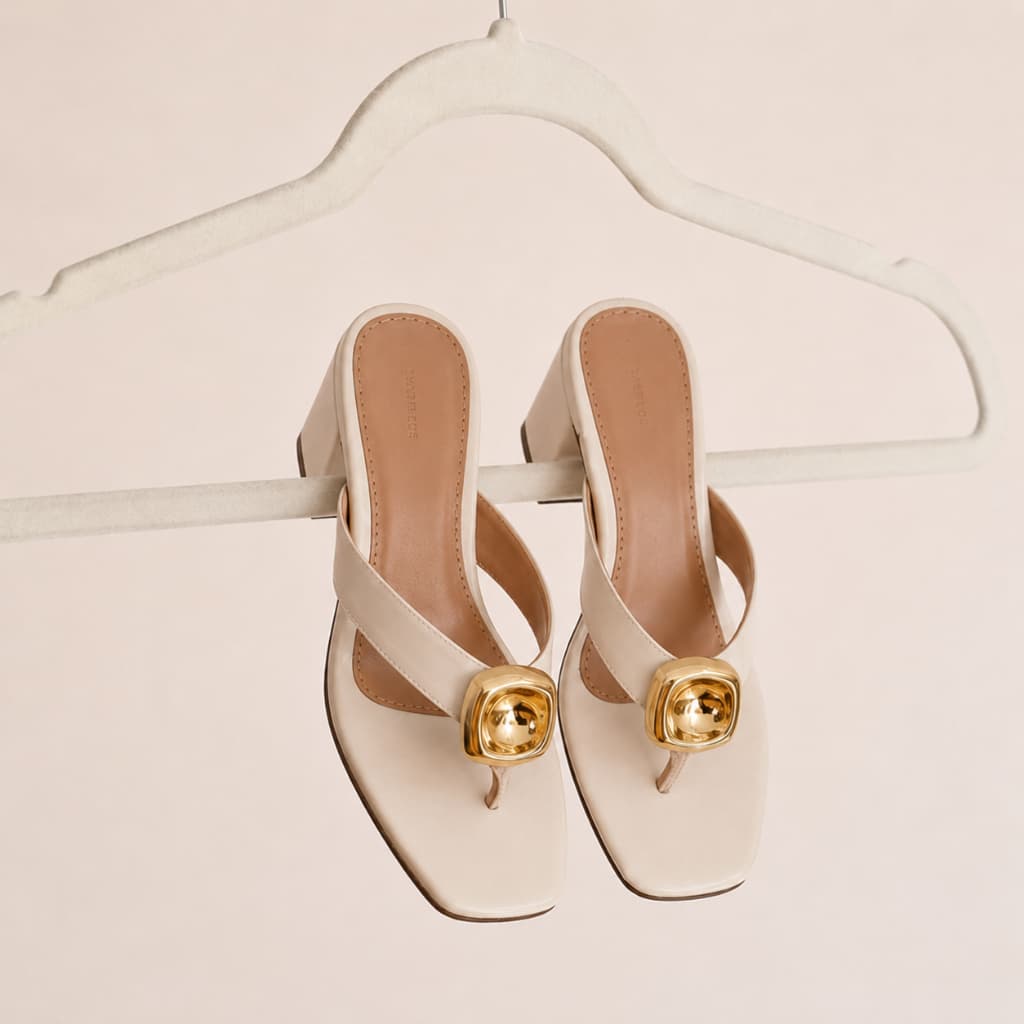 Sandália Feminina Salto Bloco Bico Quadrado com Detalhe Dourado Elegante Confortável Verão Primavera