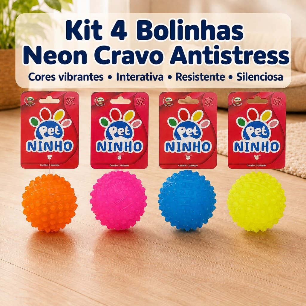 Kit 4 Bolinhas Neon Cravo para Cães e Gatos Brinquedo Interativo Resistente Silencioso Antiestresse Cores Vibrantes Neon
