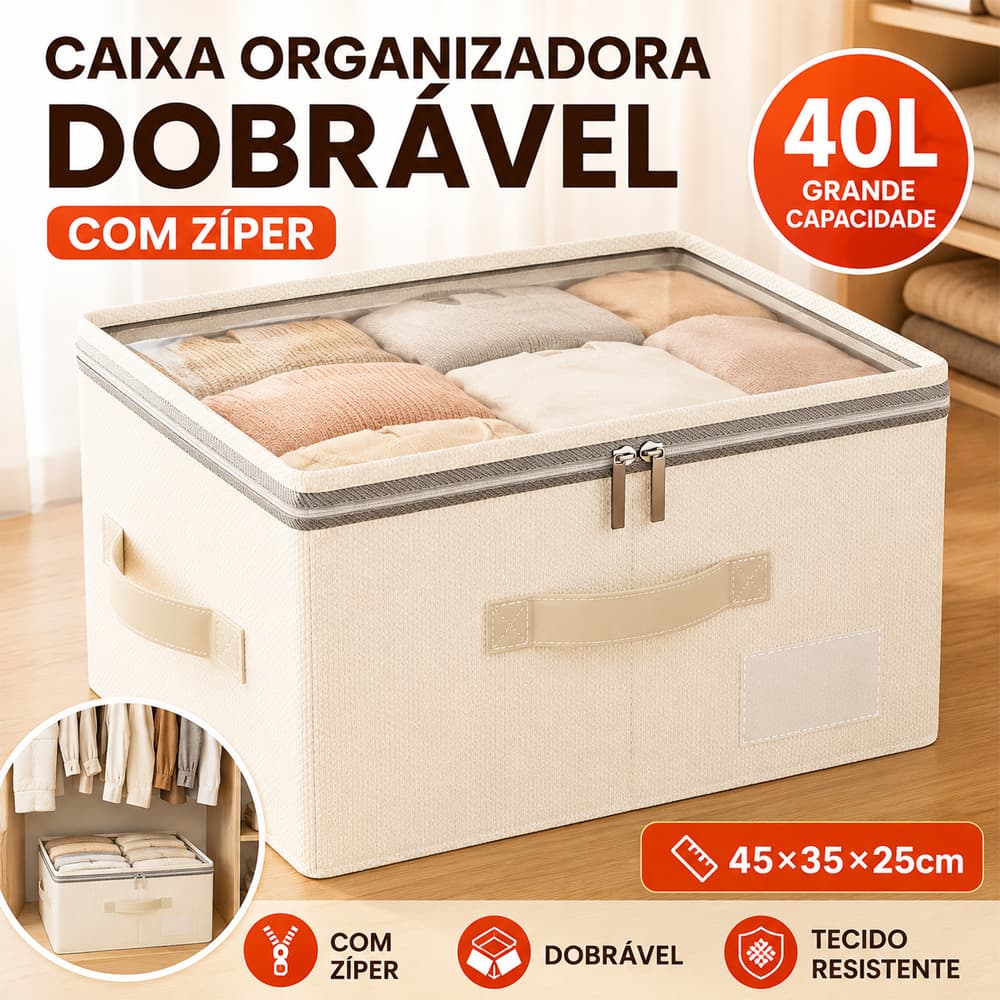 Caixa Organizadora Dobrável com Zíper 40/60L, Organizador de Roupas para Guarda-Roupa e Casa