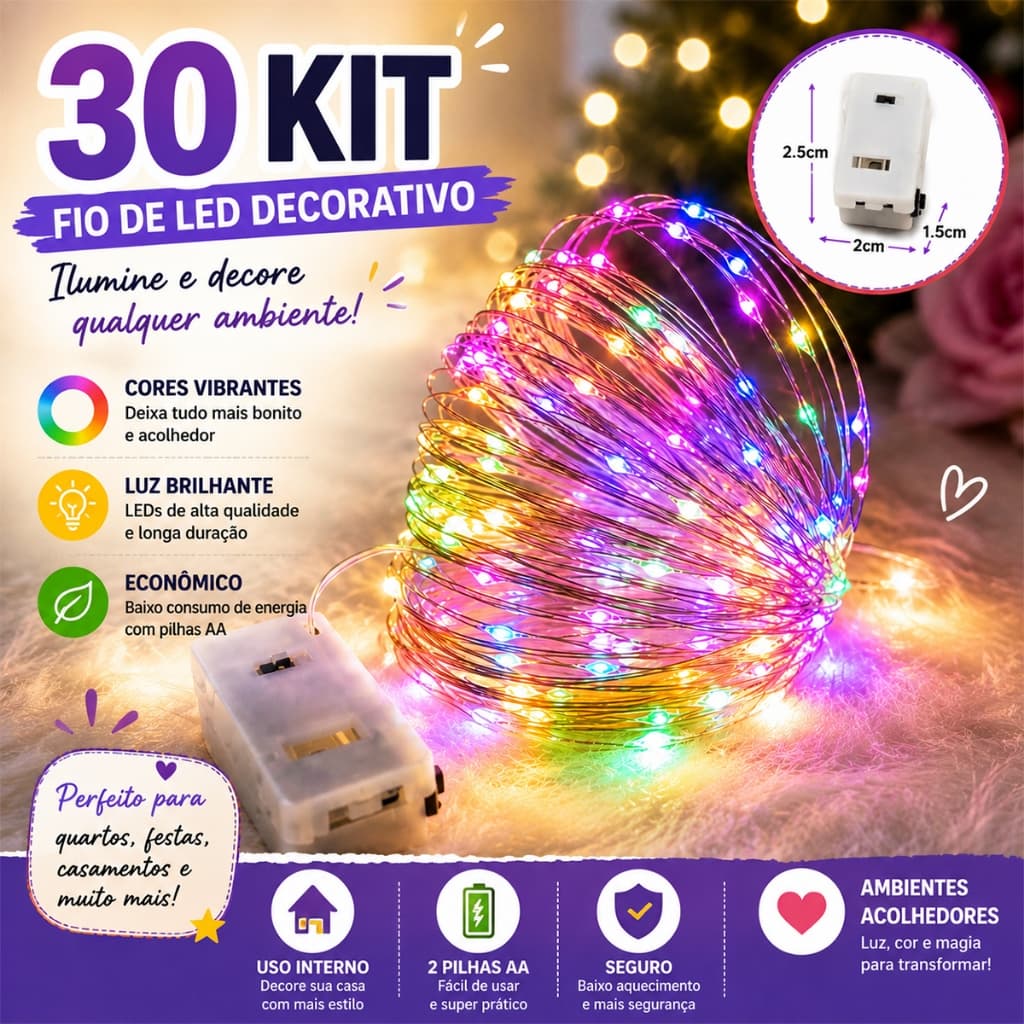 Fio de Fada LED 3m 30 LEDs com Pilhas Luz Decorativa Diversas Cores