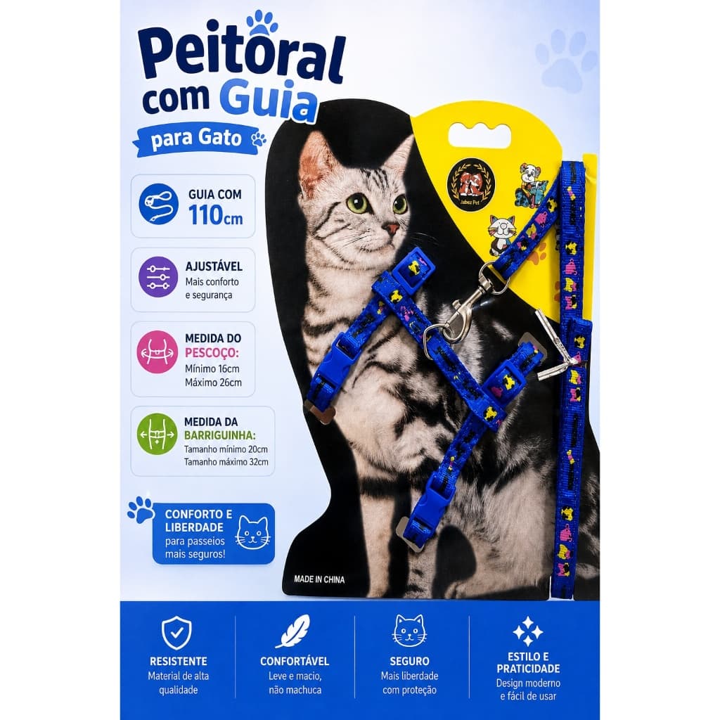 Peitoral Guia Gato Ajustável 110cm Coleira Confortável Segura Resistente Passeios Pet Cores Sortidas