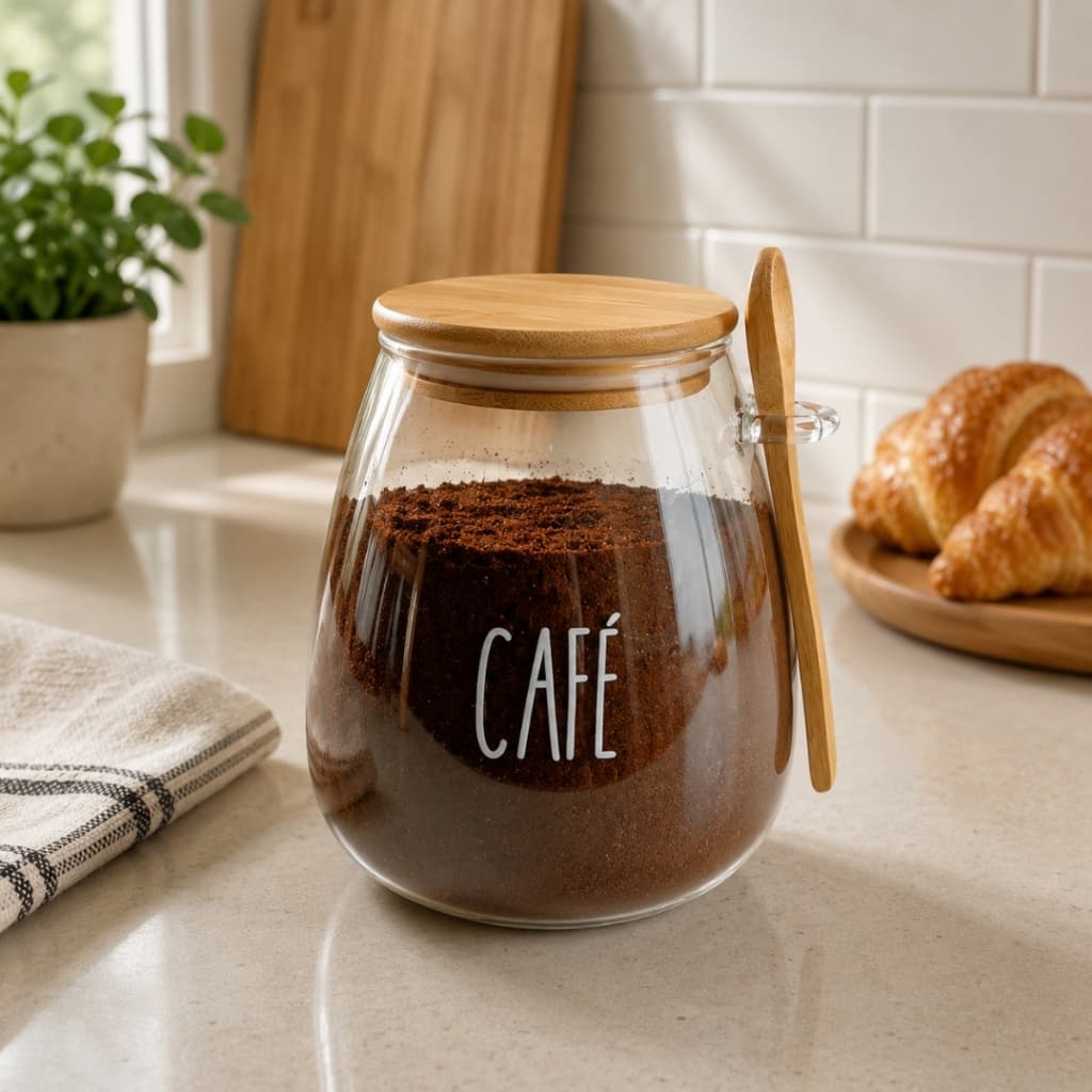 Pote hermético de vidro Bojudo Café c/ tampa e colher de bambu 1L
