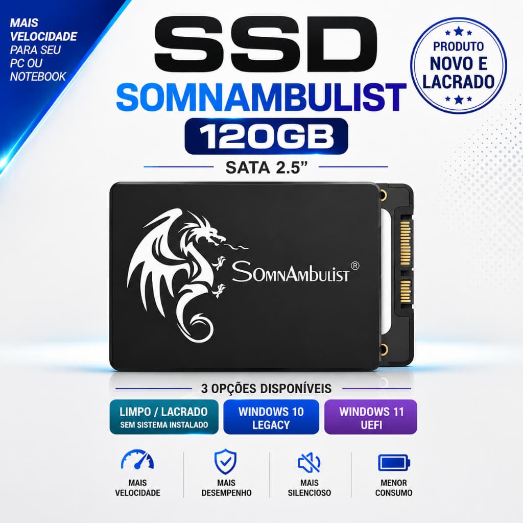 SSD Somnambulist 120GB SATA 2.5” para PC e Notebook | Lacrado, Windows 10 Legacy ou Windows 11 UEFI