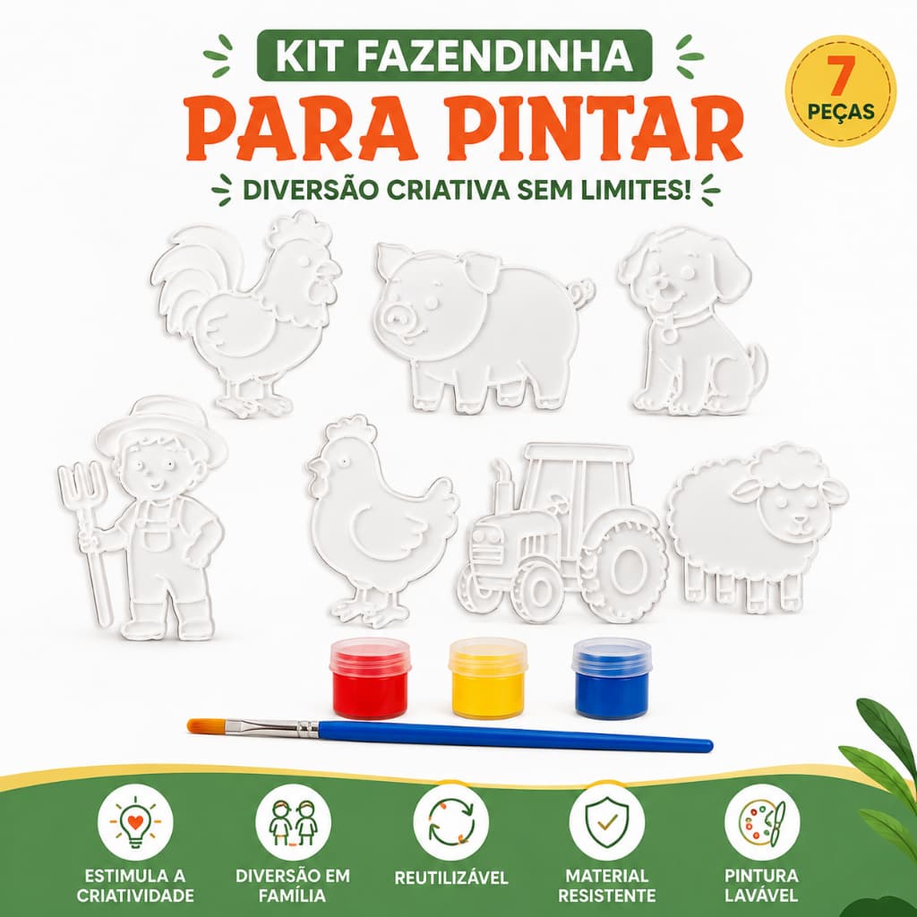 Kit Pintura 3D Infantil fazendinha 5 Peças com Tintas e Pincel Brinquedo Educativo Presente Dia das Crianças