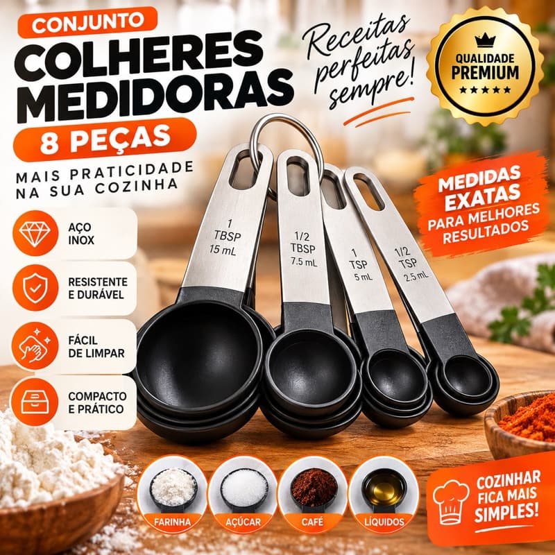 Kit Colheres Medidoras  8 Peças Medidas Gravadas Colher Dosadora para Café Bolo Confeitaria