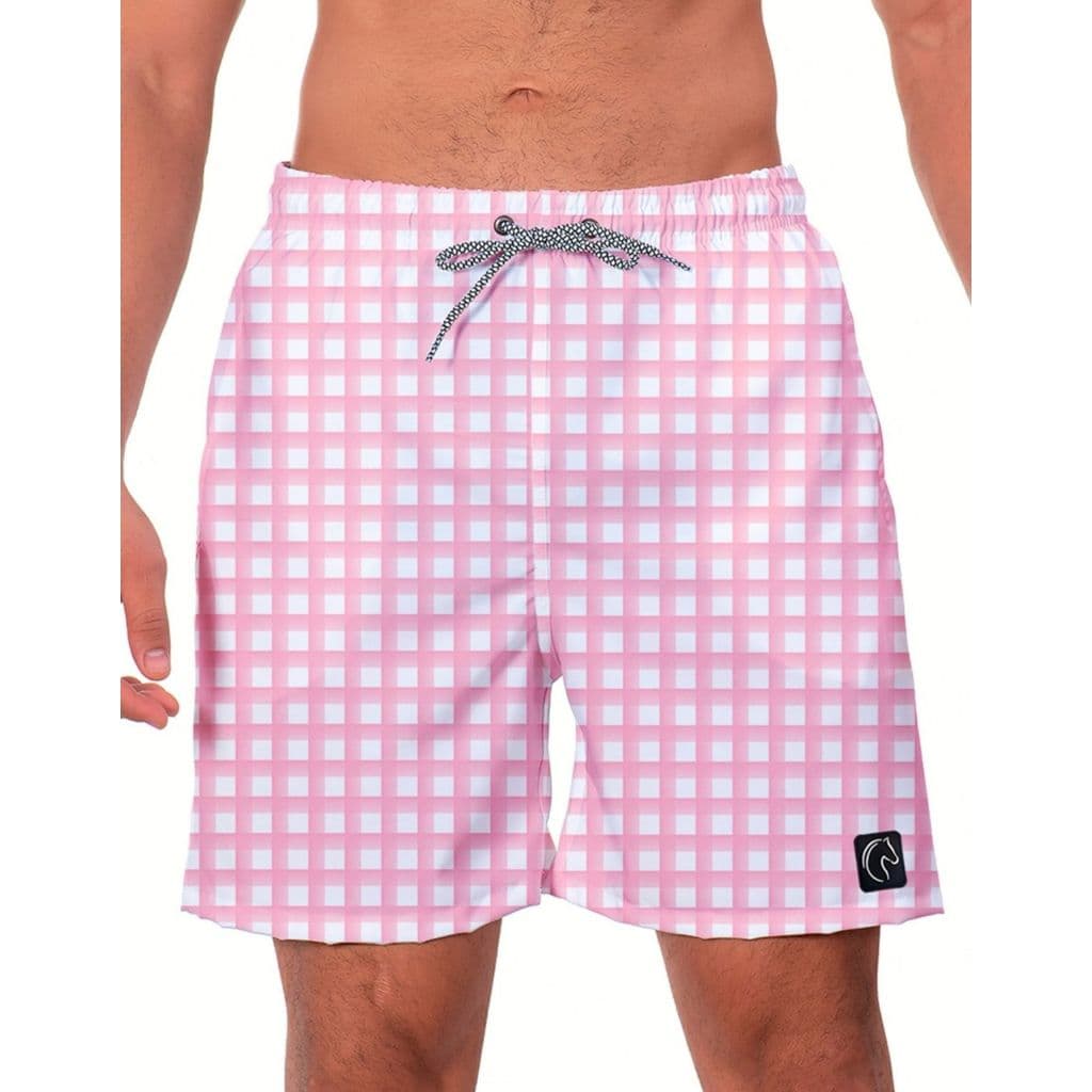 Short Masculino Xadrez Rosa e Branco Casual Moda Praia Verão Esportivo Confortável
