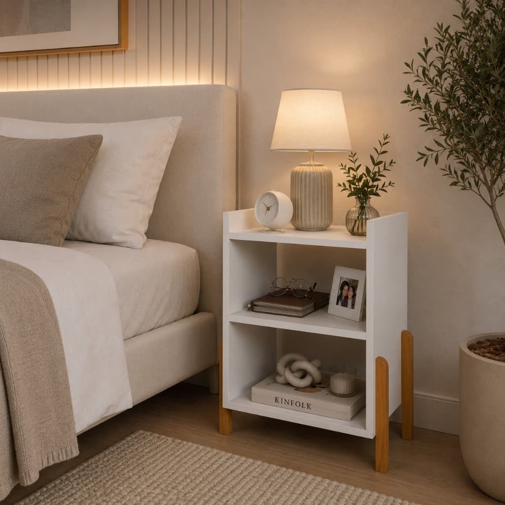 Mesa de Cabeceira Moderna com 2 Nichos Pés de Madeira Estante Organizadora Multiuso para Quarto Sala Escritório