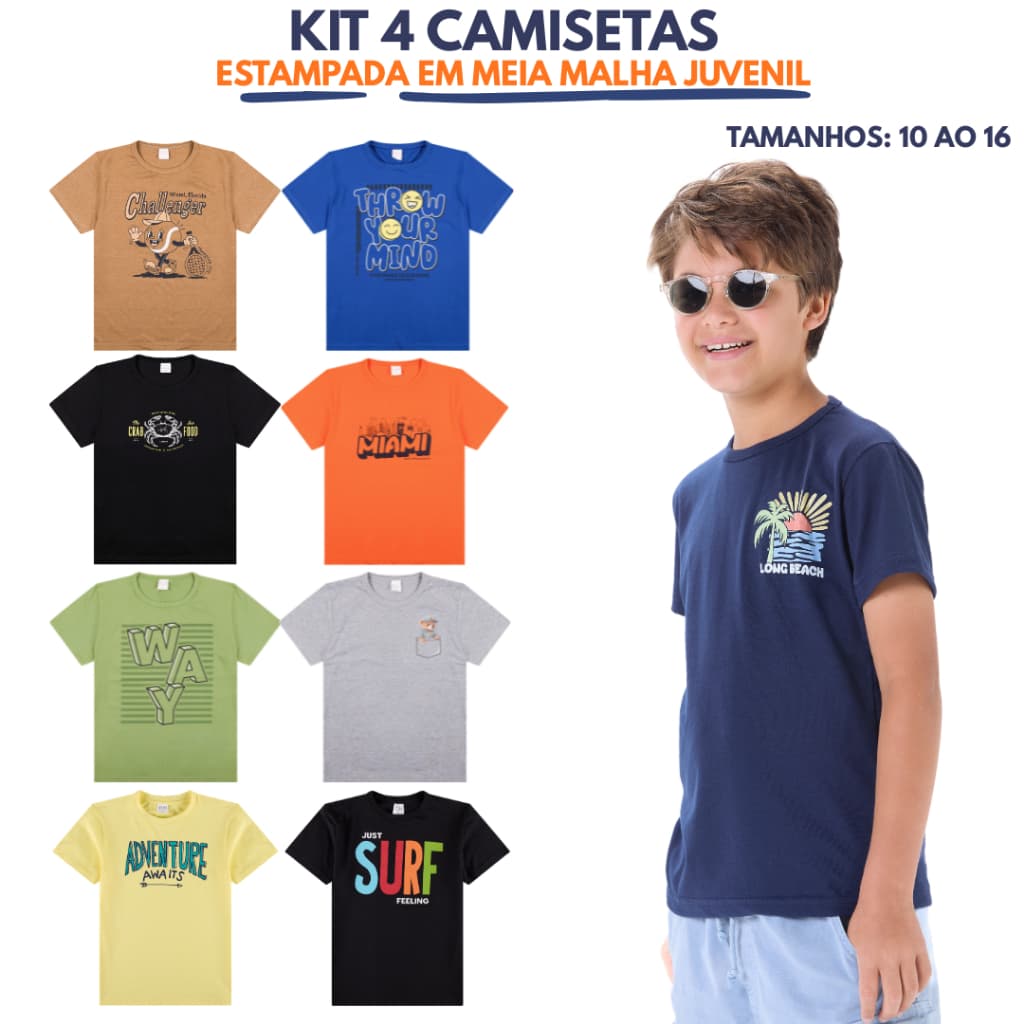 Kit Sortido 4 Camisetas infantil Menino Manga Curta Meia Malha 100% algodão