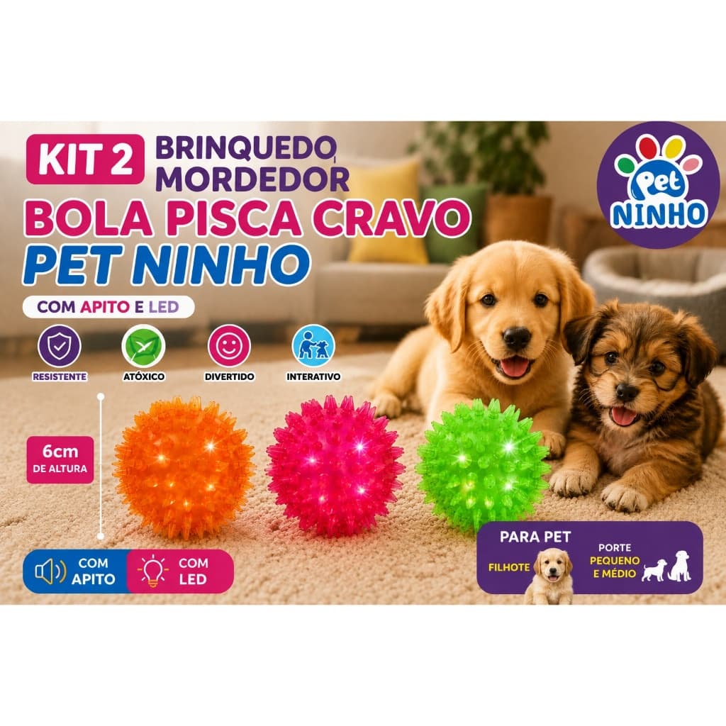 Kit 2 Bolas Pisca Cravo Pet Ninho Brinquedo Mordedor com Apito LED Cães Filhotes Cores Sortidas 6cm