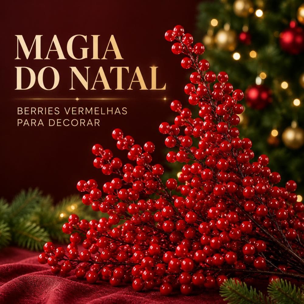Kit 10 / 20 Galhos Artificiais com Frutinhas Vermelhas, Enfeite de Natal para Árvore, Guirlanda, Arranjos e Decoração
