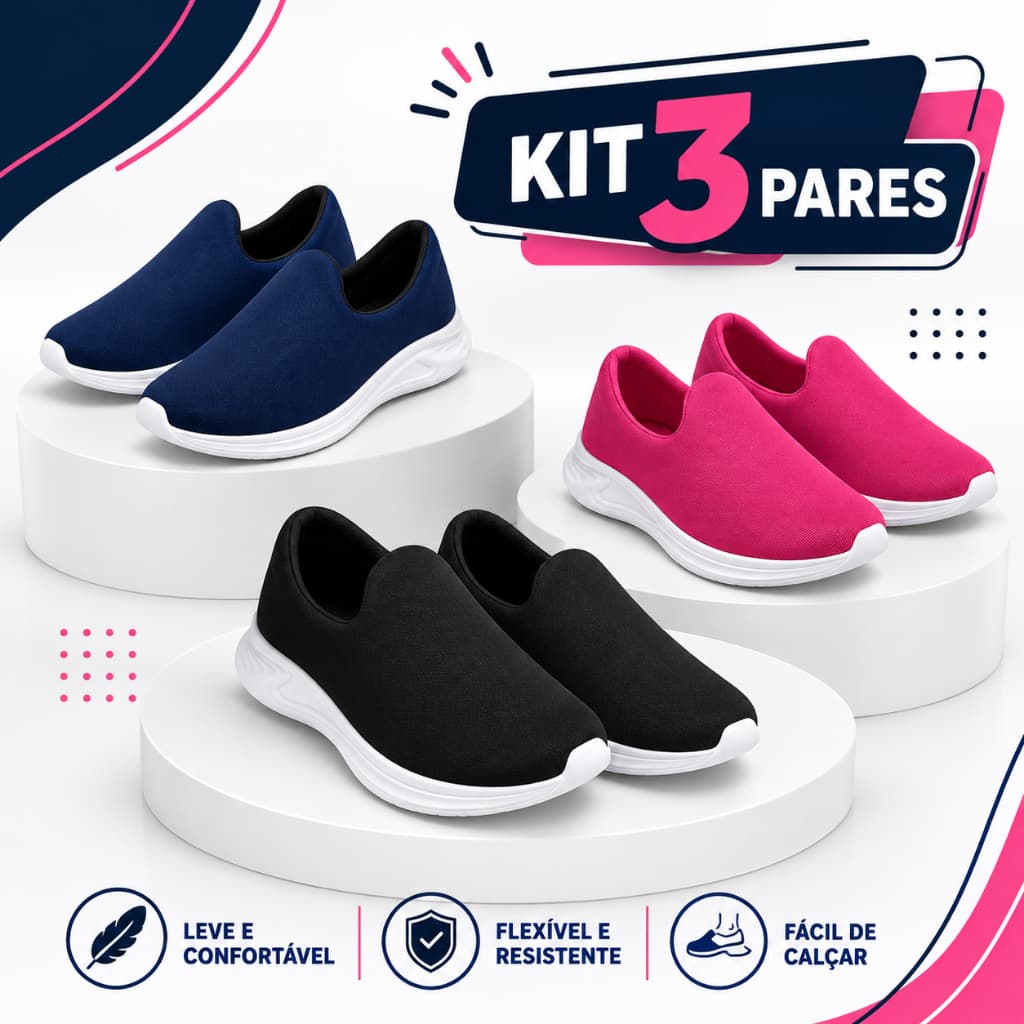 Kit 3 Pares Tênis Calce Fácil Infantil Confortável Menino e Menina 27/33 Preto Pink e Azul Marinho