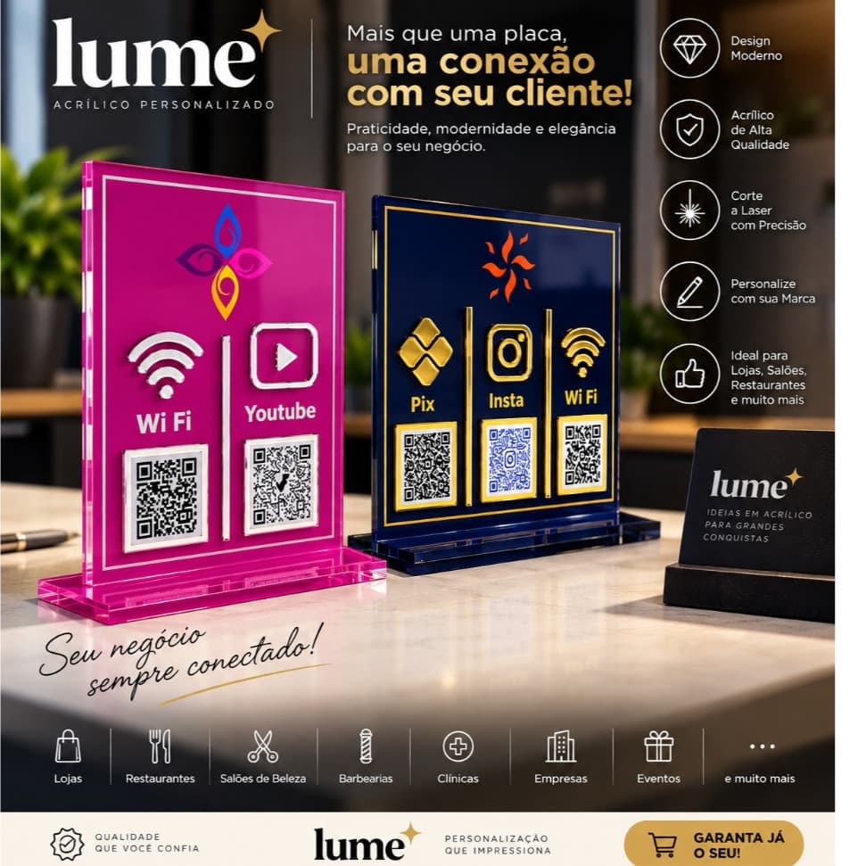Display Acrílico Personalizado QR Code Pix Instagram WiFi YouTube Placa de Balcão