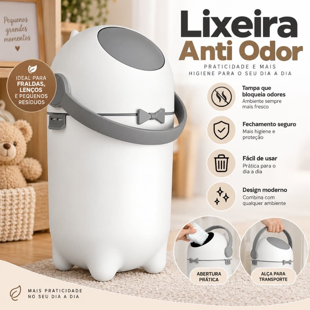 Lixeira Anti Odor para Fraldas Bebê e Pets Lixo Mágico com Tampa Vedada