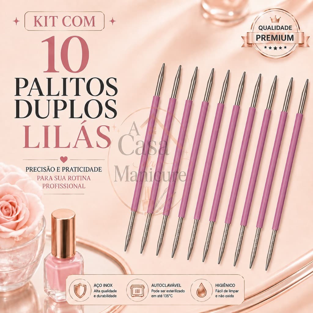 Kit 10 Palitos Duplos Lilás Manicure Profissional Inox - A Casa Da Manicure
