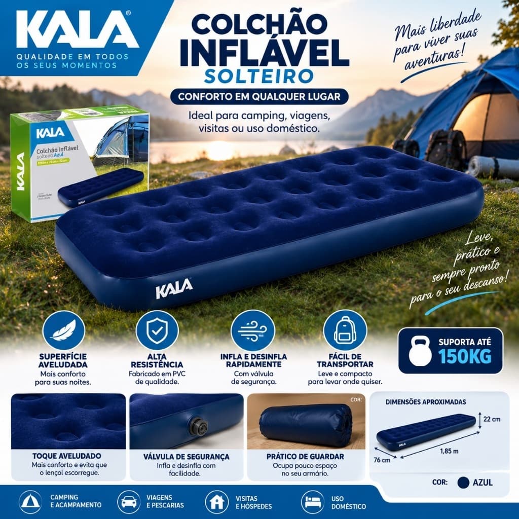 Colchão Inflável Solteiro Kala Azul 1,85m Camping Visitas Confortável Resistente