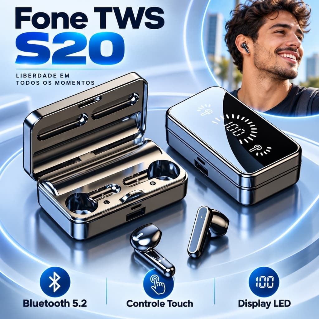Fone de Ouvido Bluetooth S20 TWS 5.2 Sem Fio Touch com Display LED e Microfone Estéreo