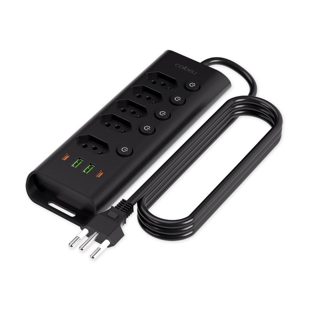 COIBEU Extensao de Tomadas Brasileira 5 Tomadas 2 USB 2 Type C 2500W 10A Bivolt Chave Individual Cabo 1 85m