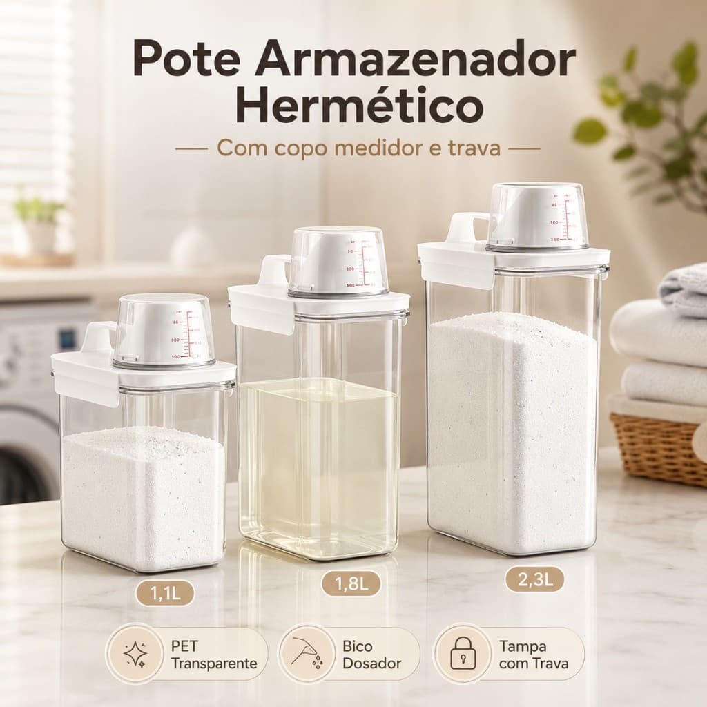 Pote ArmazenadPote Armazenador Hermético para Sabão em Pó Líquido Amaciante com Copo Medidor e Trava 1,1L 1,8L 2,3Lor He