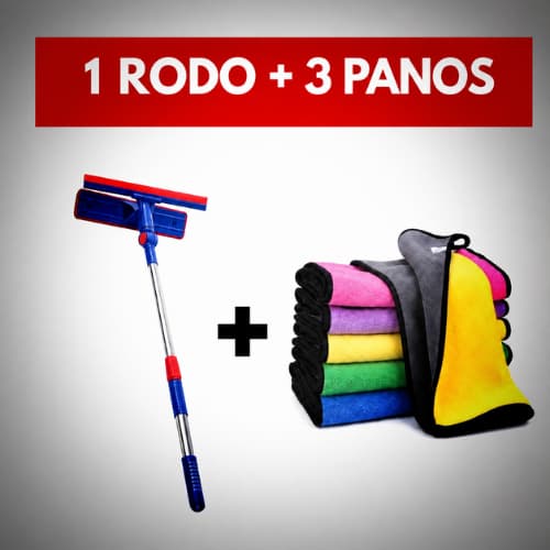 Kit Rodo Limpa Vidros 2 em 1 com Cabo Extensível Pano Flanela Microfibra – Janela, Box e Carro