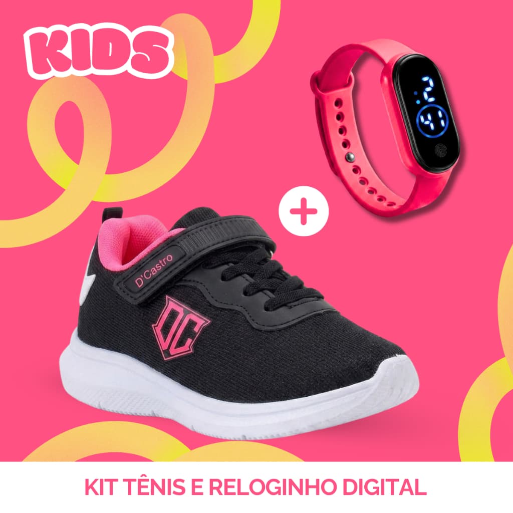Tênis Infantil Menina Menino Confortável Duradouro Leve Macio Kit Tênis Infantil Masculino Feminino e Relógio Digital