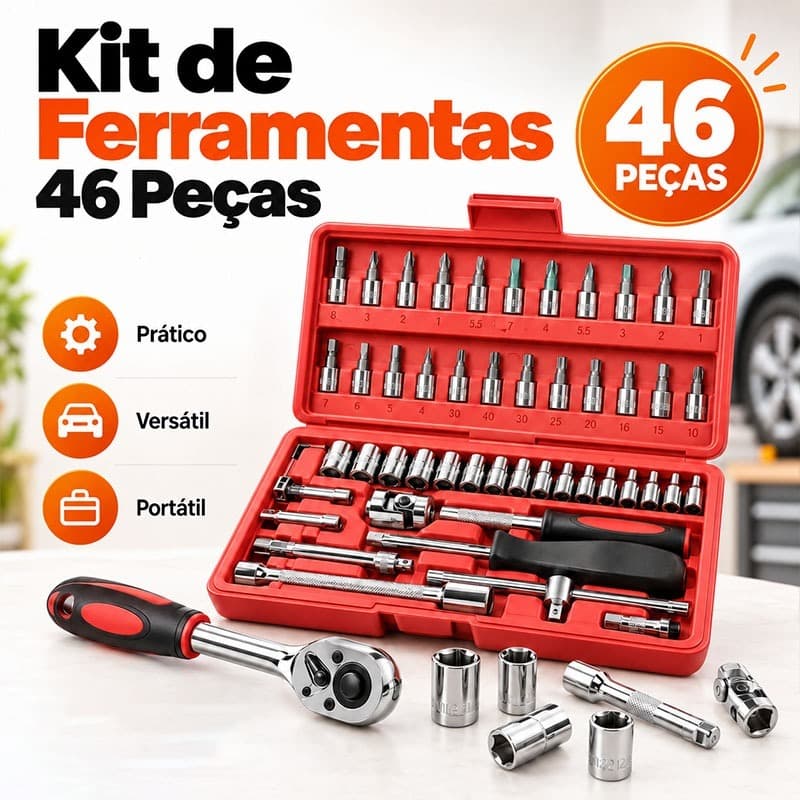 Kit de Ferramentas 46 Peças Jogo de Soquetes Chave Catraca Reversível com Maleta para Reparos Gerais