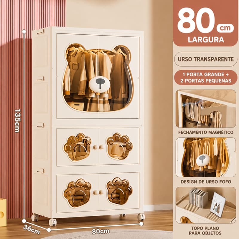 Guarda Roupa Infantil Bebê 80cm Armário Multiuso com Rodinhas Organizador de Roupas e Brinquedos