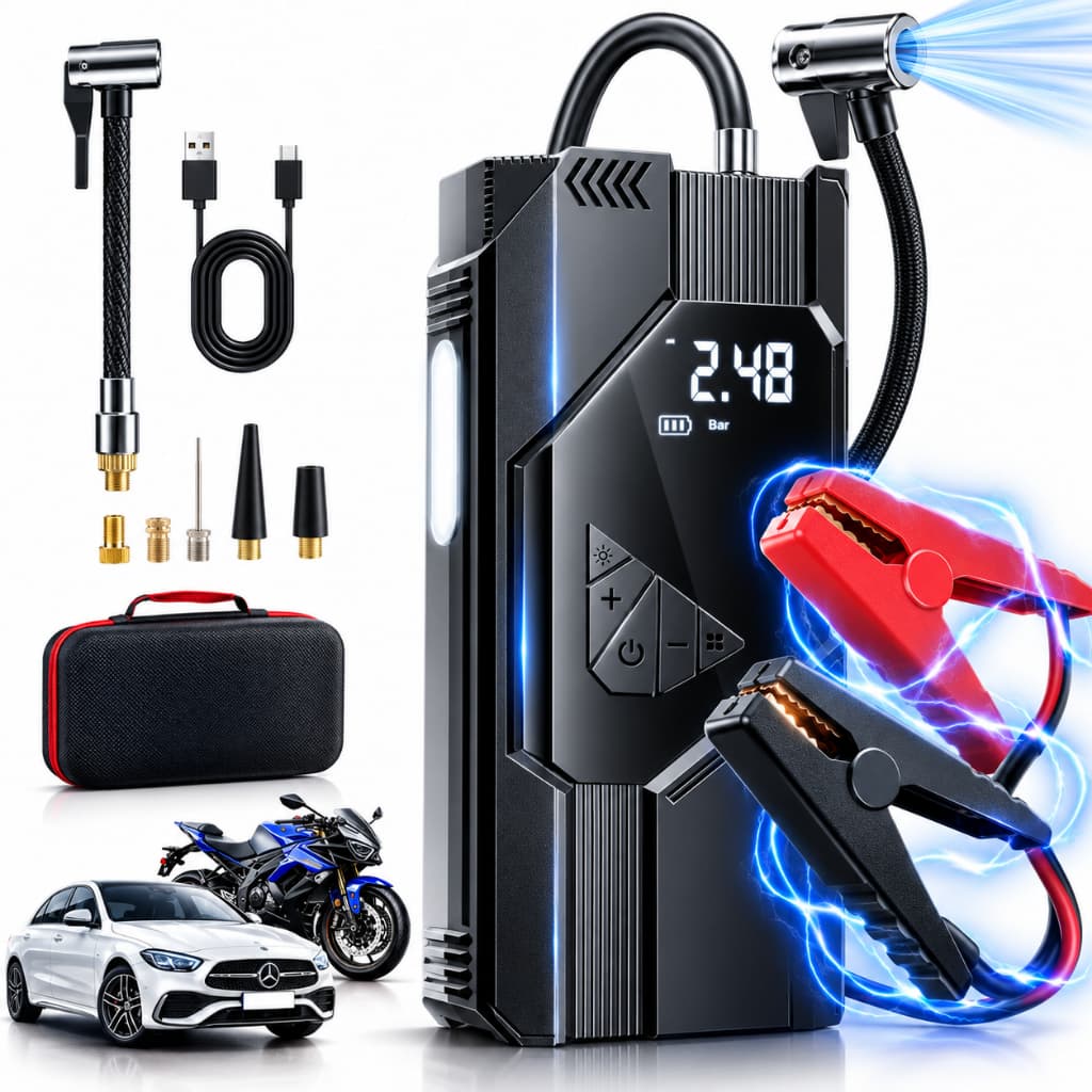 Auxiliar De Partida Automotivo 12v 1200A E Compressor De Ar Portátil Pneu 8000mAh Calibrador Digital
