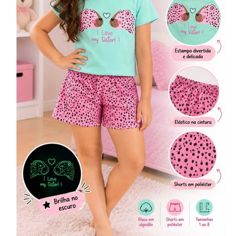 Conjunto pijama infantil verão tema Capivaras tamanhos 1 ao 8 shorts + blusa manga curta confortavel